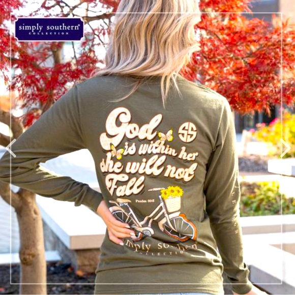 Simply Southern Tops - Simply Southern Small moss green “God is Within Her And She Will Not fall”